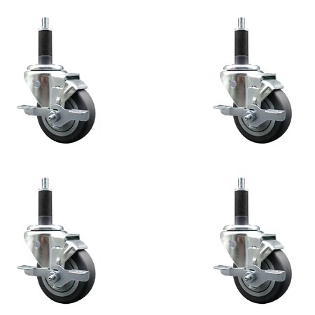 Service Caster 3.5'' SS Thermoplastic Rubber Swivel 1'' Expanding Stem Caster Set with Brake, 4PK SCC-SSEX20S3514-TPRB-TLB-1-4